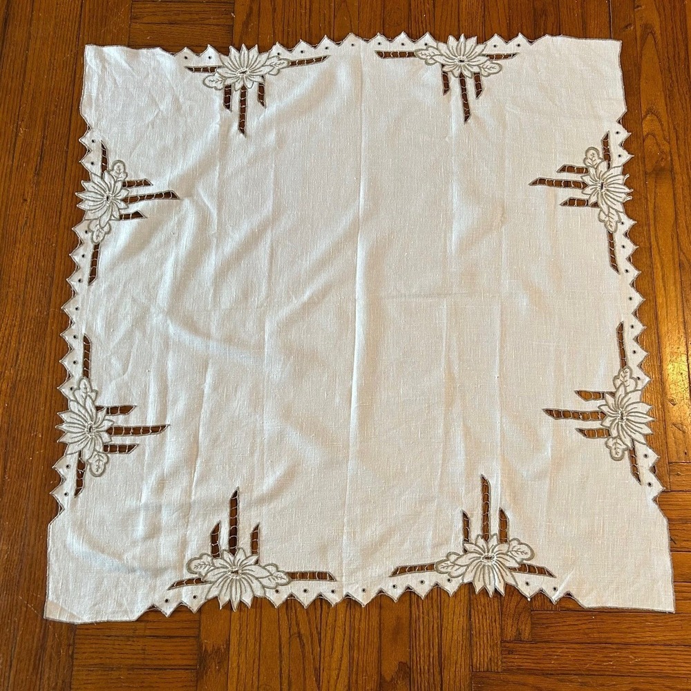 Vintage White Linen Square Tablecloth Hand Embroidered Floral Cutwork 32x32